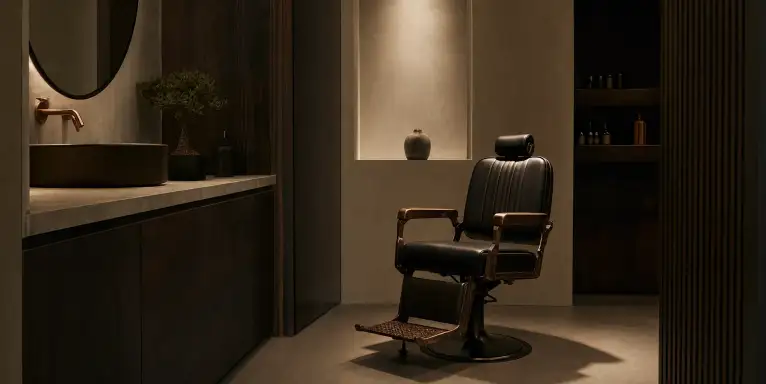 La sala di taglio: poltrona in pelle e ottone sotto una luce calda
