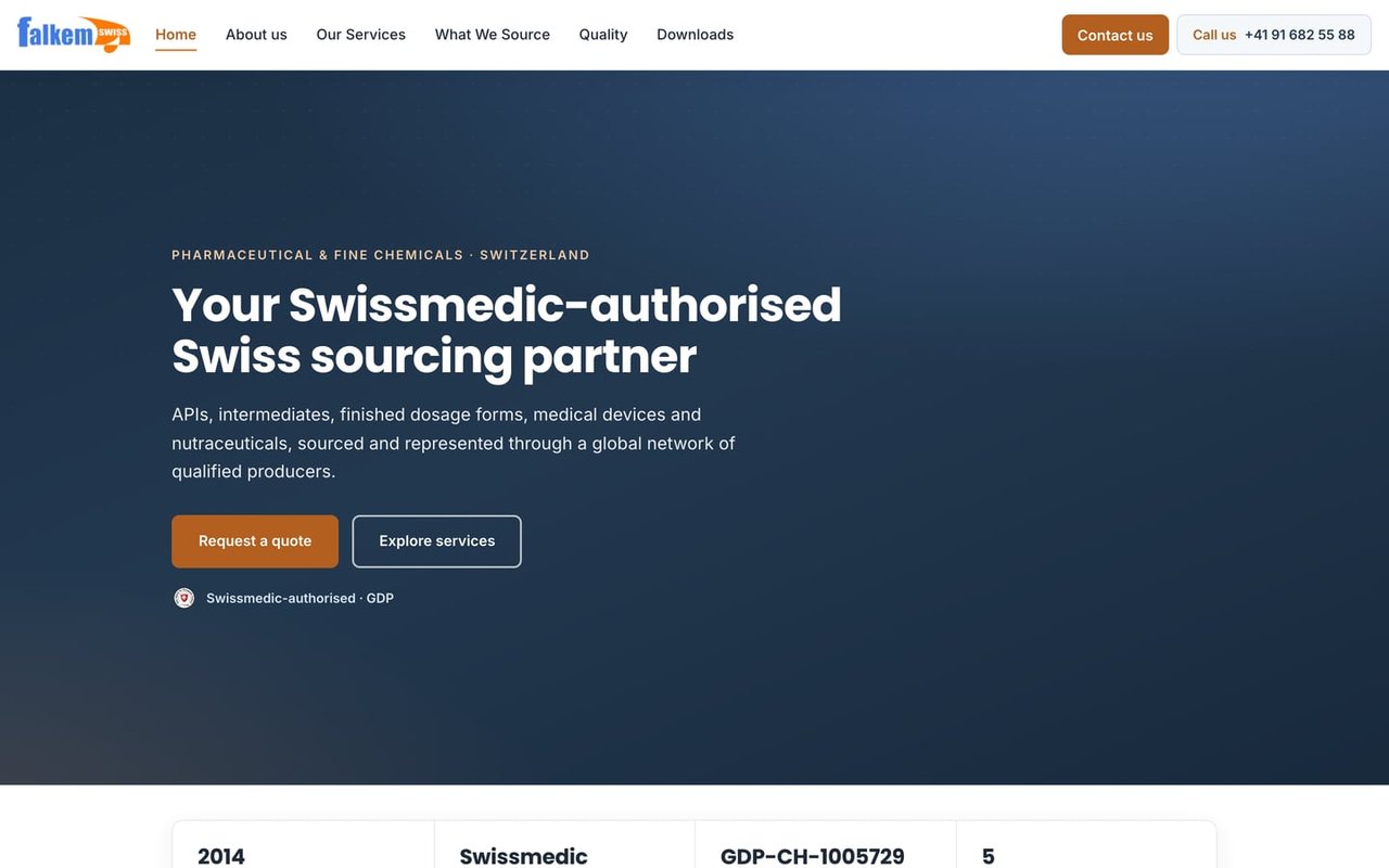 Il sito Falkem Swiss rifatto da Lume Studio: home page ampia, con titolo grande e sezioni distinte.