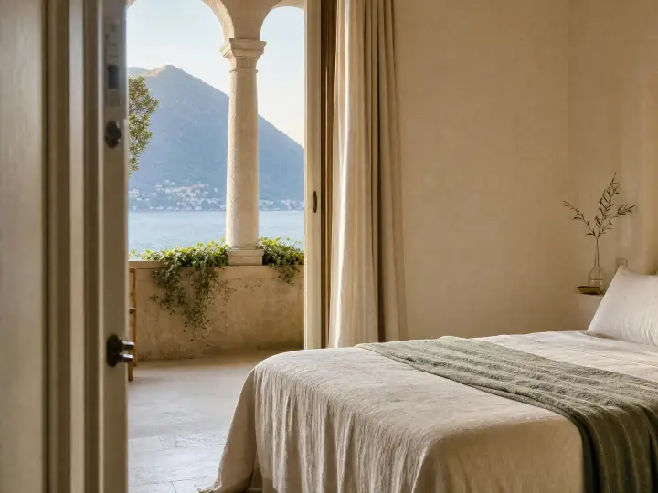 Letto in lino chiaro davanti alla loggia ad arco affacciata sul lago