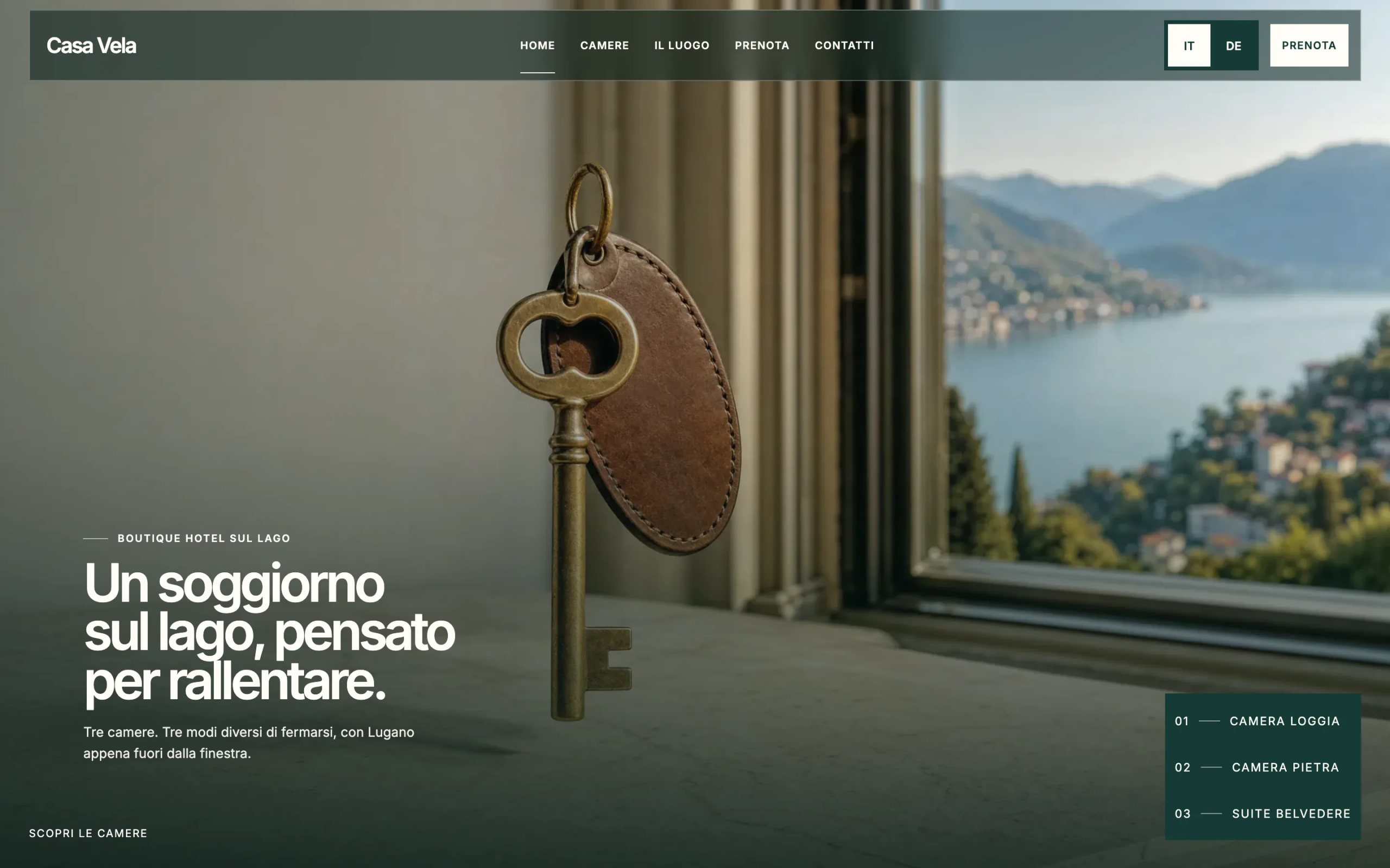 Anteprima del sito dimostrativo Casa Vela, un boutique hotel bilingue.